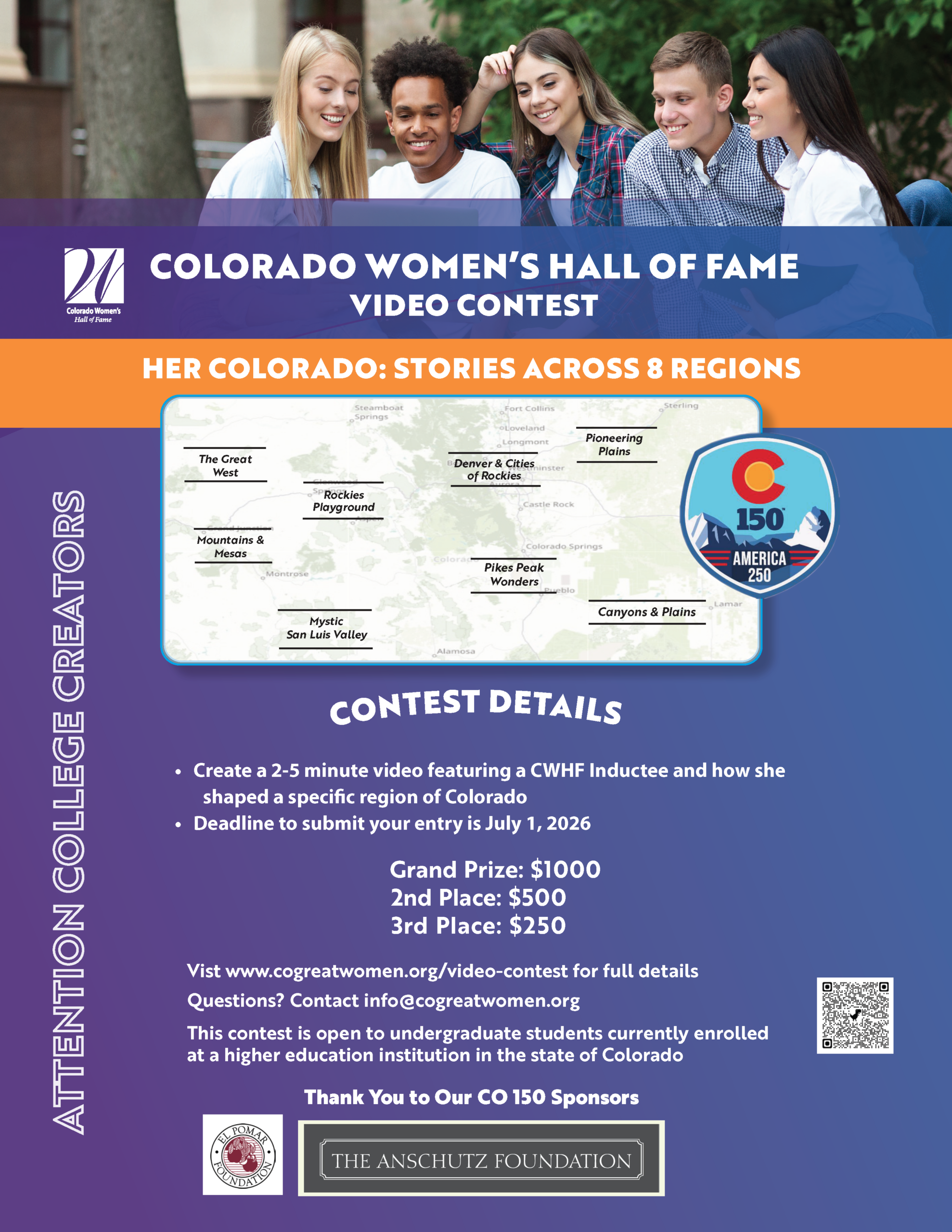 Flyer for the Colorado Women’s Hall of Fame Video Contest featuring students using a laptop, a map of Colorado’s regions, and contest details. It invites Colorado undergraduate students to submit a 2–5 minute video by July 1, 2026, with prizes of $1,000, $500, and $250.