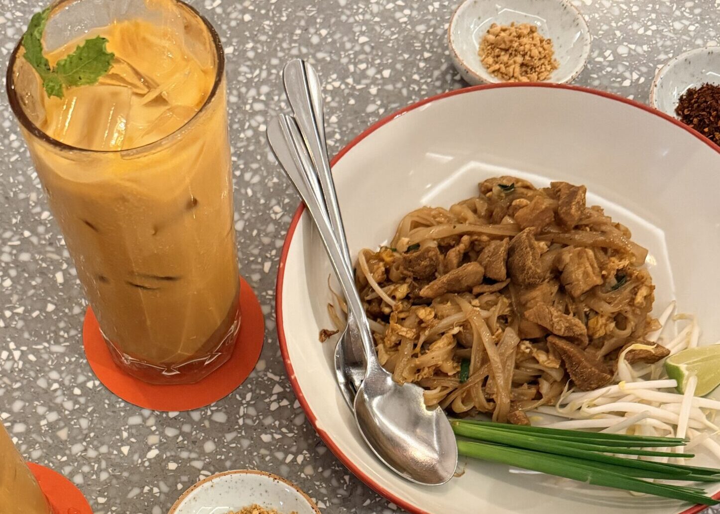 Pad Thai next to Thai Tea