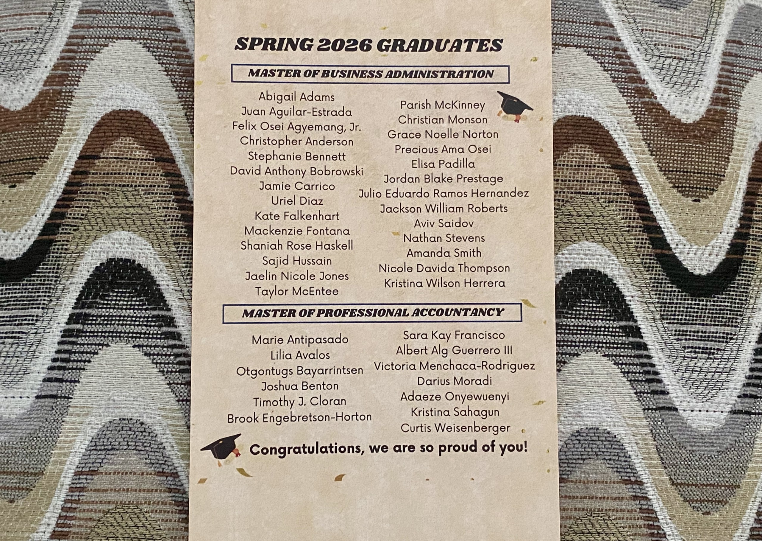 SP'26 MBA & MPAcc Hooding Celebration back of program listing all graduates