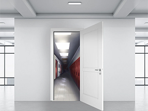 An open door into a forever hallway.