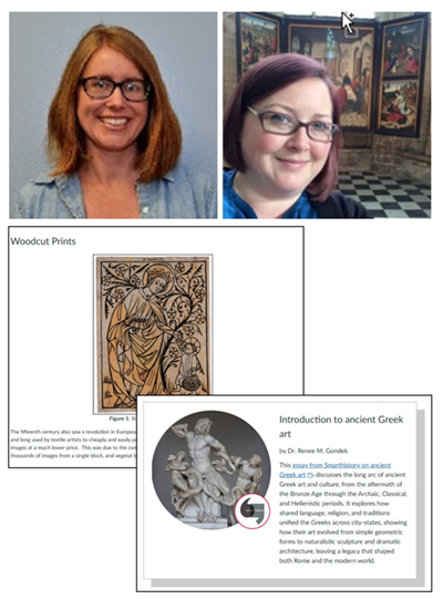 Portraits of Dr. Jill Mollenhauer and Dr. Jessica Weiss above two screen shots of photos with text from within the online course.