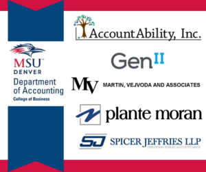 MSU Denver Department of Accounting logo next to 5 company logos where our summer accounting & MPAcc students are interning for credit