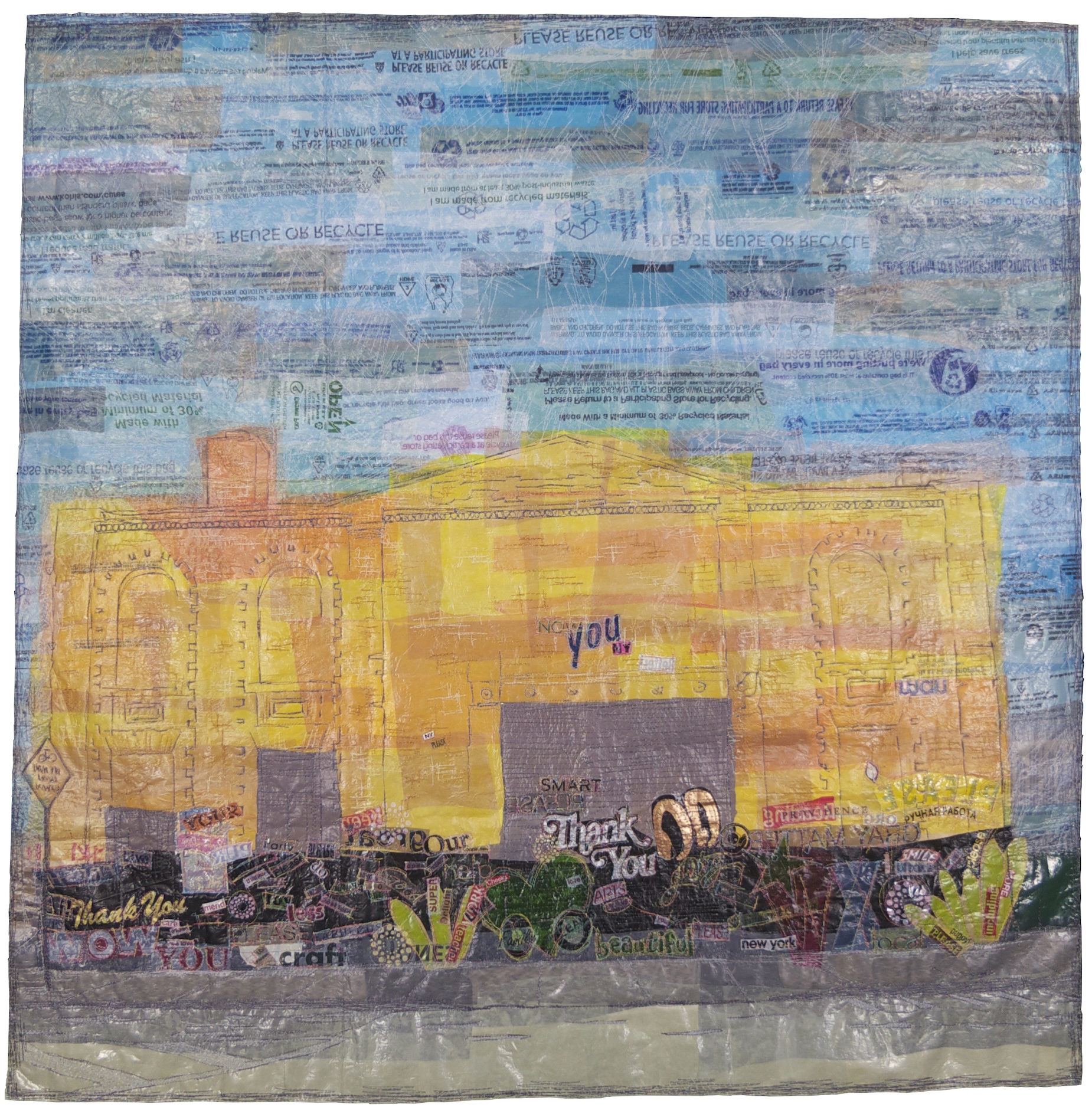 Created from found Mylar balloons featuring a yellow building with 
