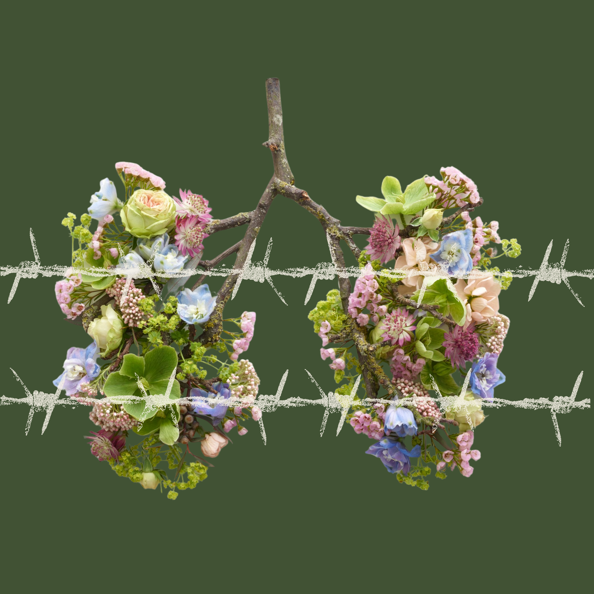 Flowers arranged to look like a pair of lungs behind white barbed wire