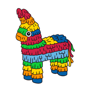 Colorful cartoon illustration of a traditional donkey piñata against a white background.