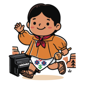 Cartoon illustration of Tarahumara pianist Romeyno Gutiérrez in traditional attire, waving next to a small piano.