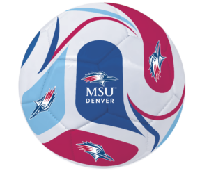 Graphic of a white soccer ball patterned with red, dark blue, and light blue swirls, branded with multiple MSU Denver Roadrunner logos.