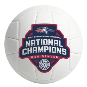 A white volleyball featuring the MSU Denver 2025 NCAA Division II Women’s Volleyball National Champions shield logo.