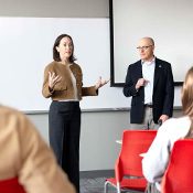 President Janine Davidson, Ph.D., and University General Counsel David Fine, J.D., co-teach The Politics of Free Speech class.
