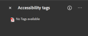 Adobe Acrobat, Accessibility Tags pane, displaying "No tags available"