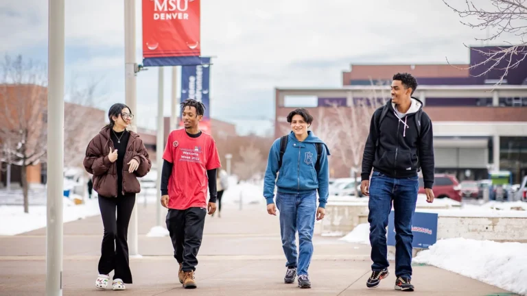 MSU Denver students (left to right) Adian Abbas, David Brooks, Martin Alanis and Fitsum Handise walk on campus. Photo by Alyson McClaran