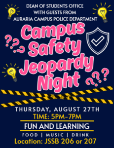 Poster of Dean of Students' Campus Safety Jeopardy Night