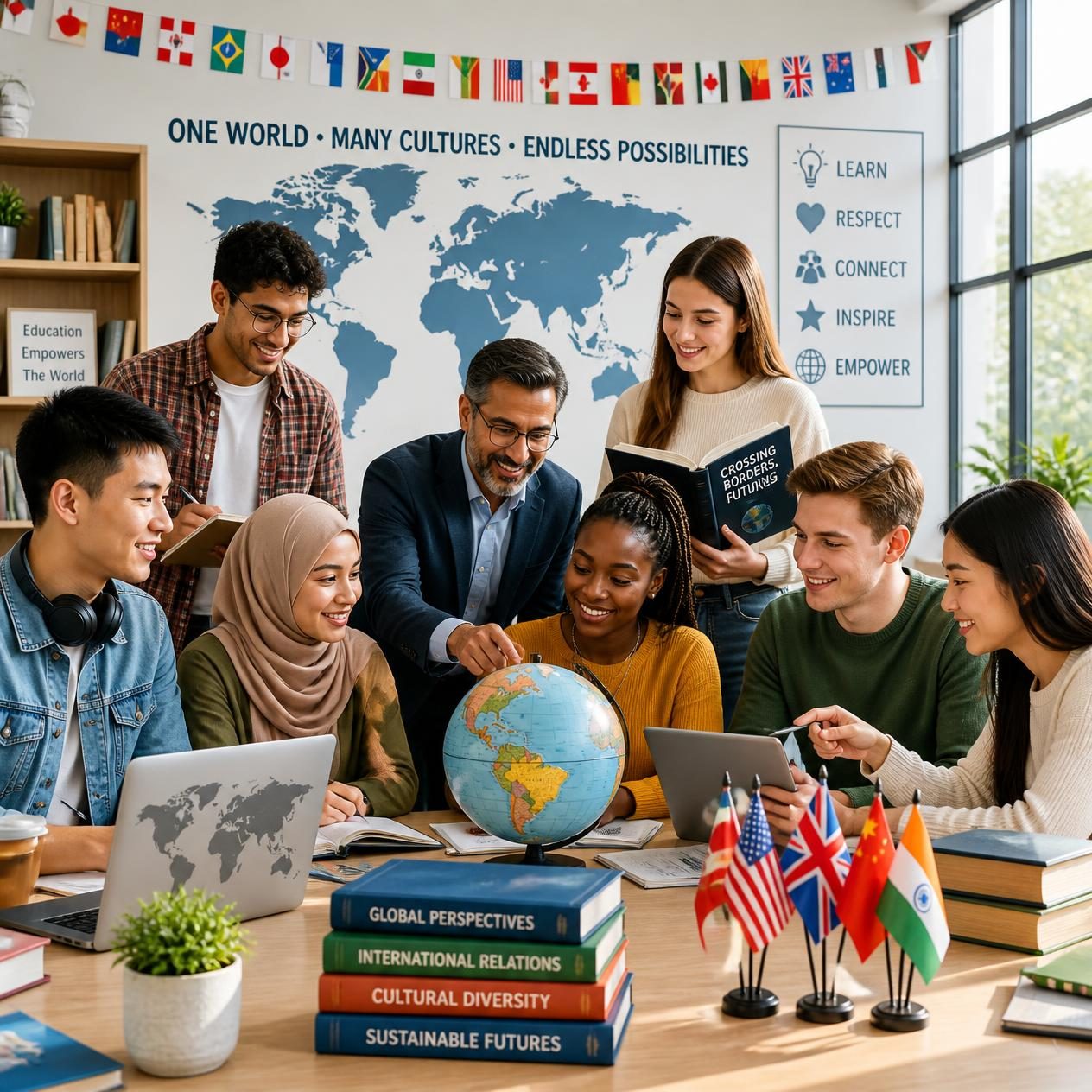 Group of students from different countries in a classroom looking at a globe