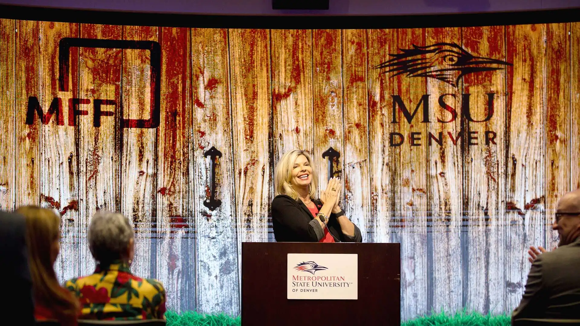 Carrie Morgridge, co-founder of the Morgridge Family Foundation, speaks during an event announcing the foundation's financial support for MSU Denver's Classroom to Career Hub. Photo by Sara Hertwig