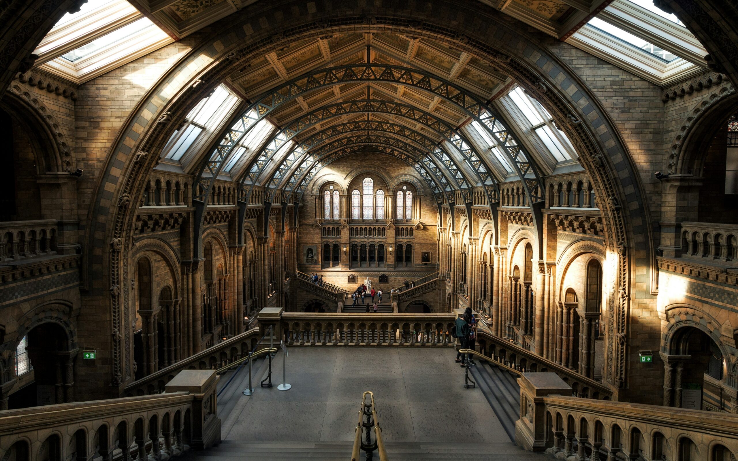 Inside a large hall of the Natural History Museum in London, United Kingdom.