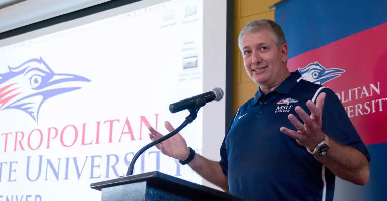 Robert Cohen speaks at the Assembly Athletics Complex at MSU Denver in 2017. Photo by Carl Payne