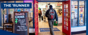 An MSU Denver student visiting Rowdy's Corner with the Runner logo text overlay