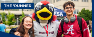 Two students posing with Rowdy the mascot with the Runner header logo in top left