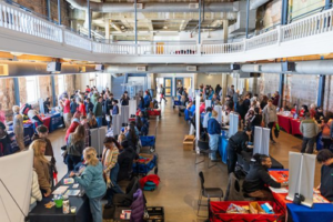 Employer booths at Student Employment Fair in Turnhalle
