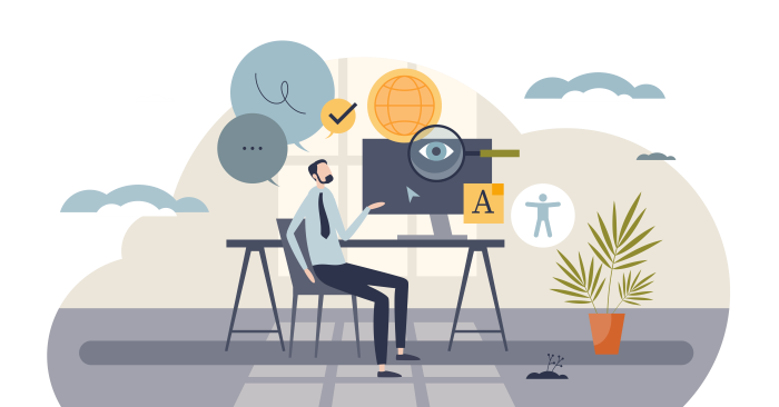 Illustration of a person sitting at a computer desk with accessibility icons throughout the image