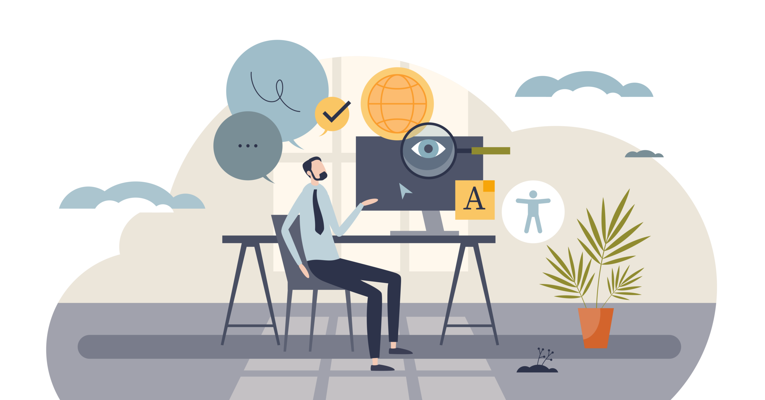 Illustration of a person sitting at a computer desk with accessibility icons throughout the image