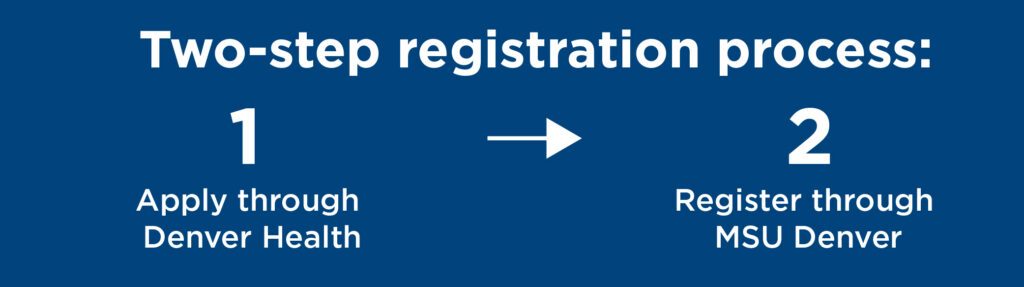 Two-step registration process graphic. First, apply through Denver Health, second, register through MSU Denver.