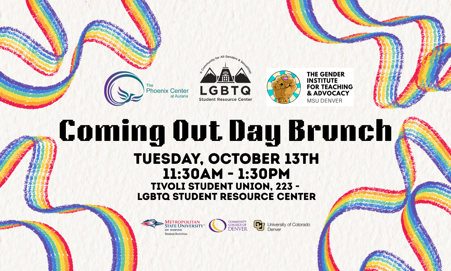 An image illustrating the Coming Out Day Brunch occuring on Tuesday, October 13th from 11:30a - 1:30p in the Tivoli Student Union, 223 - LGBTQ Student Resource Center