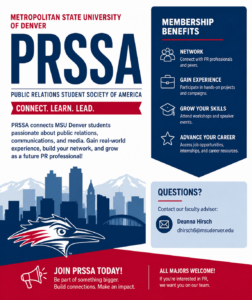 PRSSA at MSU Denver promotional flyer highlighting networking, internships, career development, and leadership opportunities for students interested in public relations.