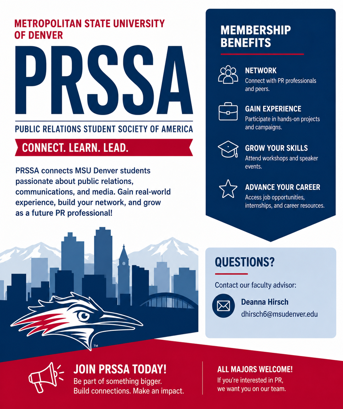 PRSSA at MSU Denver promotional flyer highlighting networking, internships, career development, and leadership opportunities for students interested in public relations.