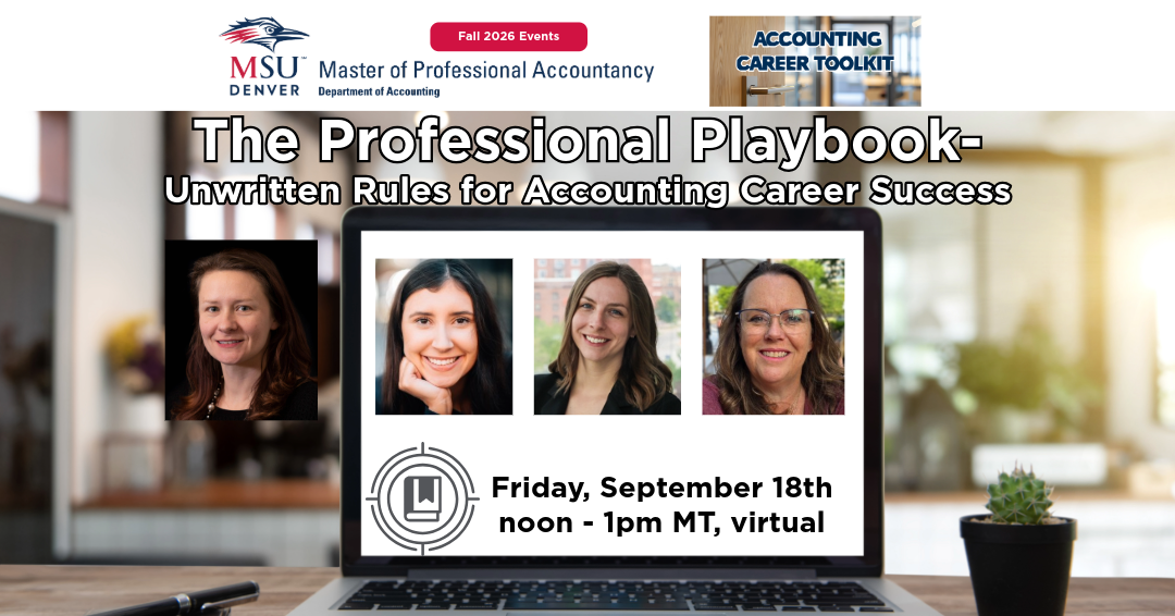 background image from desk with laptop open with bright open office behind, headshots of 4 event speakers n tops, and event details listed - 