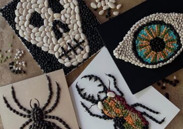 Four different mosaics made from beans: a black spider, a black and white skull, a colorful beetle, and an eye with a blue and yellow iris.