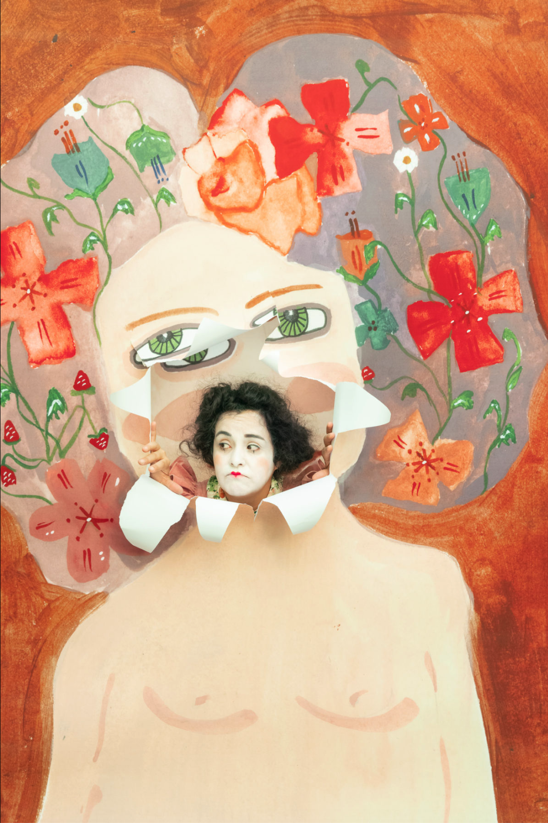 Mixed-media artwork of a pale figure with green eyes emerging through a torn floral painting, surrounded by colorful flowers and an orange-brown border.