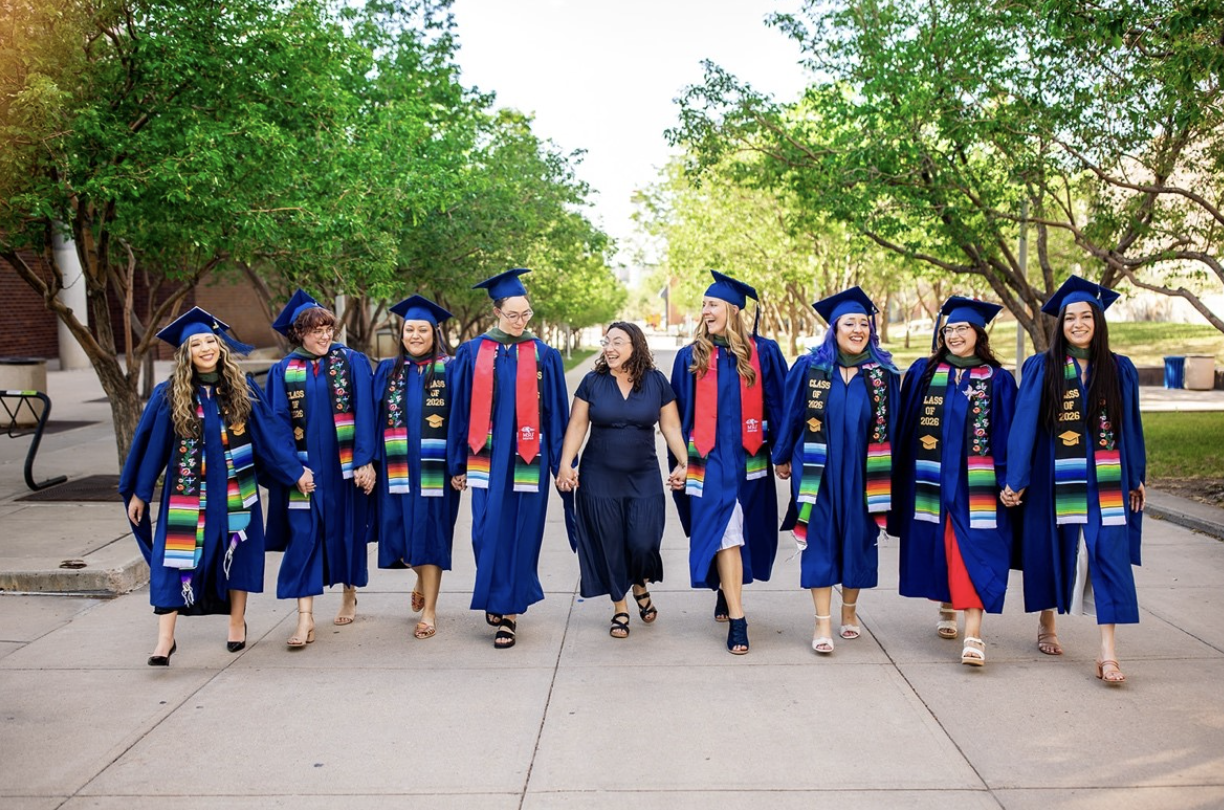 Ilana Oliff (center) MA, CCC-SLP, bilingual speech-language pathologist and Director of Clinical Education for SLHS with the 2026 bilingual concentration graduates.