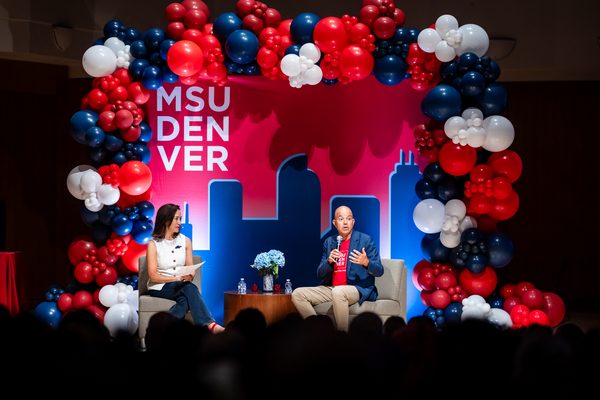MSU Denver President Janine Davidson, Ph.D., addresses faculty, staff and student employees during the President’s Welcome Back event at the King Center Concert Hall on the Auraria Campus on Sept. 1, 2026. The annual event welcomes the University community back for the fall semester and highlights the state of the University and the academic year ahead.