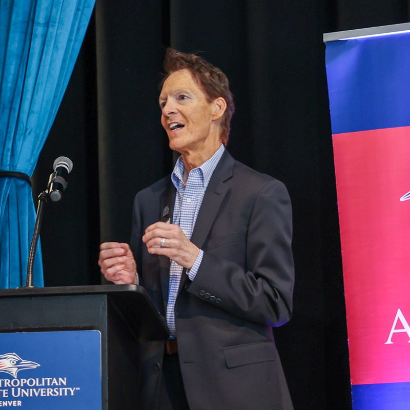Elliot Morgan speaking at the 2026 MSU Denver Alumni Awards luncheon
