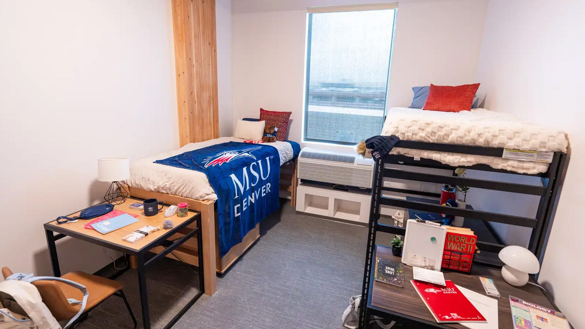 One of two potential furniture and room layouts inside the completed student living space within Summit House.