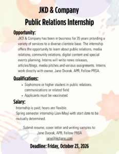 Public Relations internship flyer for JKD & Company outlining a paid spring semester opportunity, qualifications, application requirements, contact information, and an October 23, 2026 application deadline.