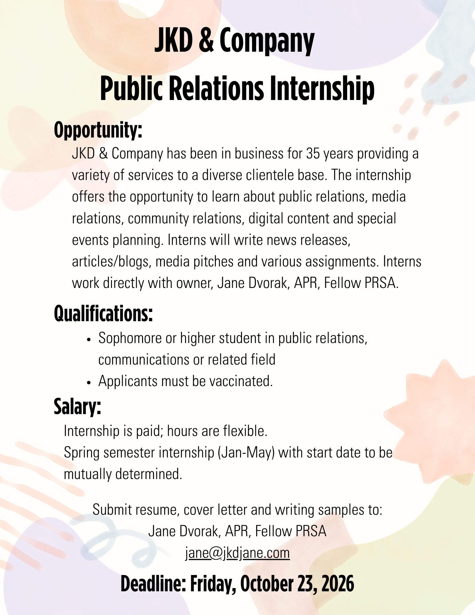 Public Relations internship flyer for JKD & Company outlining a paid spring semester opportunity, qualifications, application requirements, contact information, and an October 23, 2026 application deadline.