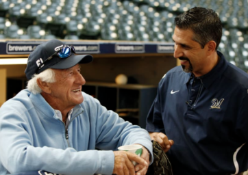 Brewers' longtime announcer, Bob Uecker (left), speaking to Roger Caplinger