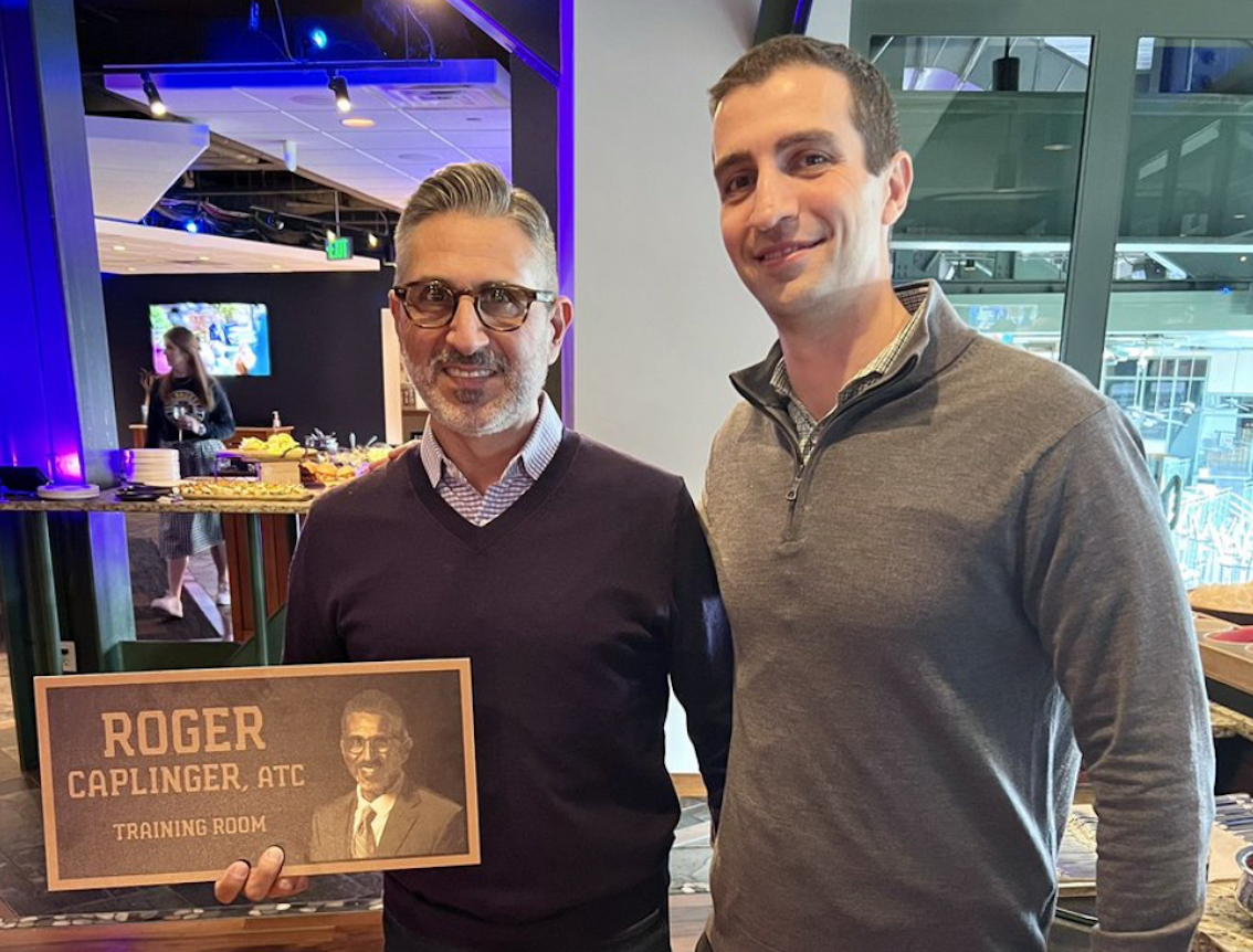 Dedication of the Milwaukee Brewers Roger Caplinger Athletic Training Room by Brewers' then-president of baseball operations, David Sterans at Caplinger's retirement ceremony, Oct. 2023